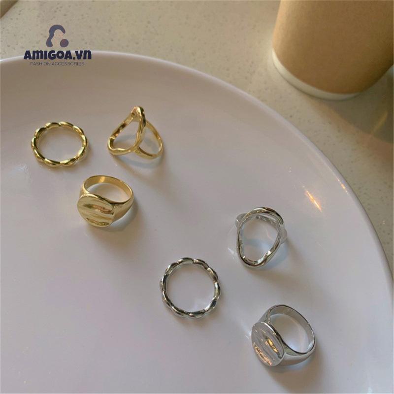 ✨✨Nhẫn Ba Món Thiết Kế Rỗng Kiểu Hình Học Rỗng Dành Cho Nữ