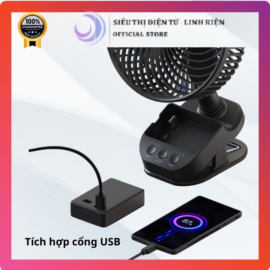 Quạt tích điện mini dung tích 10000mAh, quạt nhựa để bàn ABS cao cấp tích hợp cổng USB