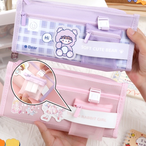 Túi Đựng Bút Hai Lớp Sức Chứa Lớn Họa Tiết Hoạt Hình Dễ Thương Chống Thấm Nước