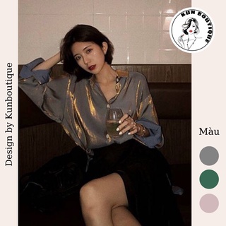 (Freeship) Áo sơ mi satin thụng phản quang óng ánh sành điệu màu xám khói ánh nhũ vàng - xanh lá ánh xanh ngọc (Ms A54)