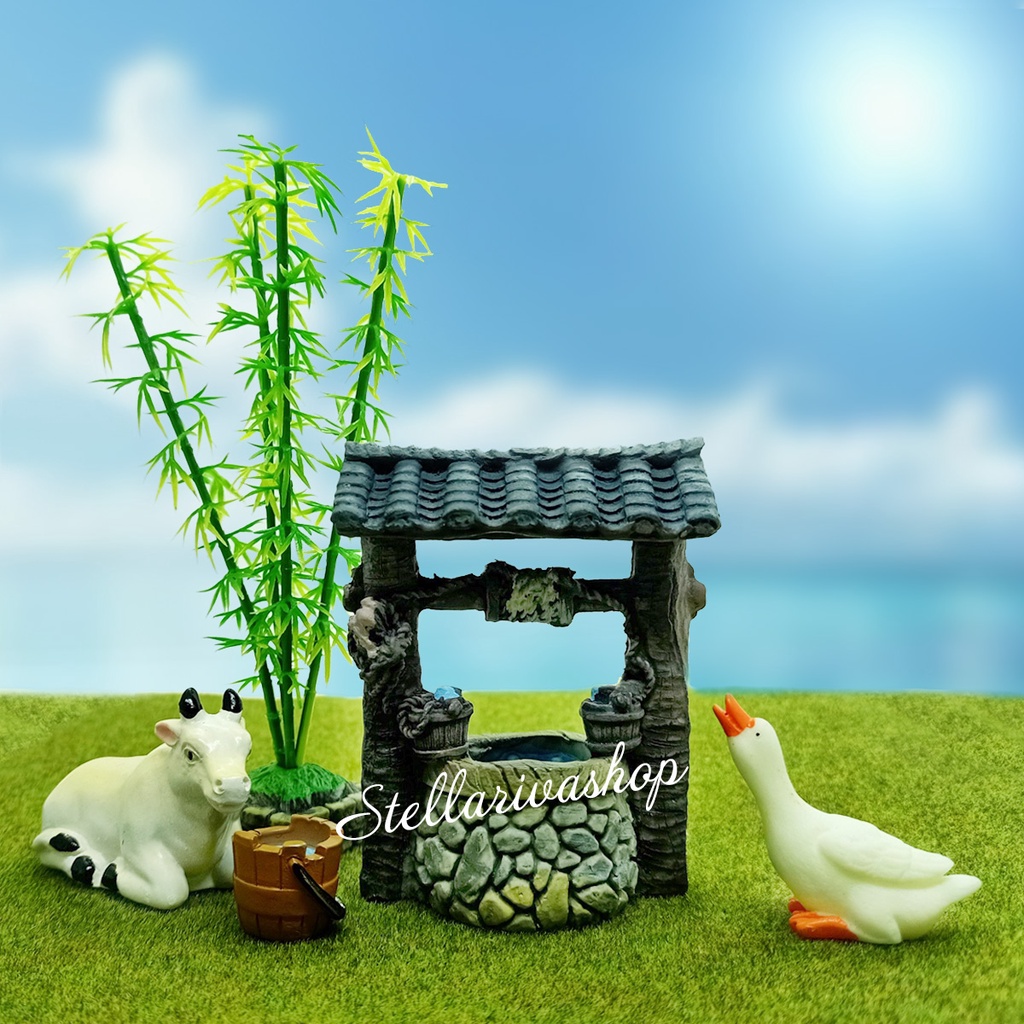 Trang trí tiểu cảnh, terrarium giếng nước lớn có mái che kiểu nông thôn trang trí nhà mô hình, tiểu cảnh bán cạn