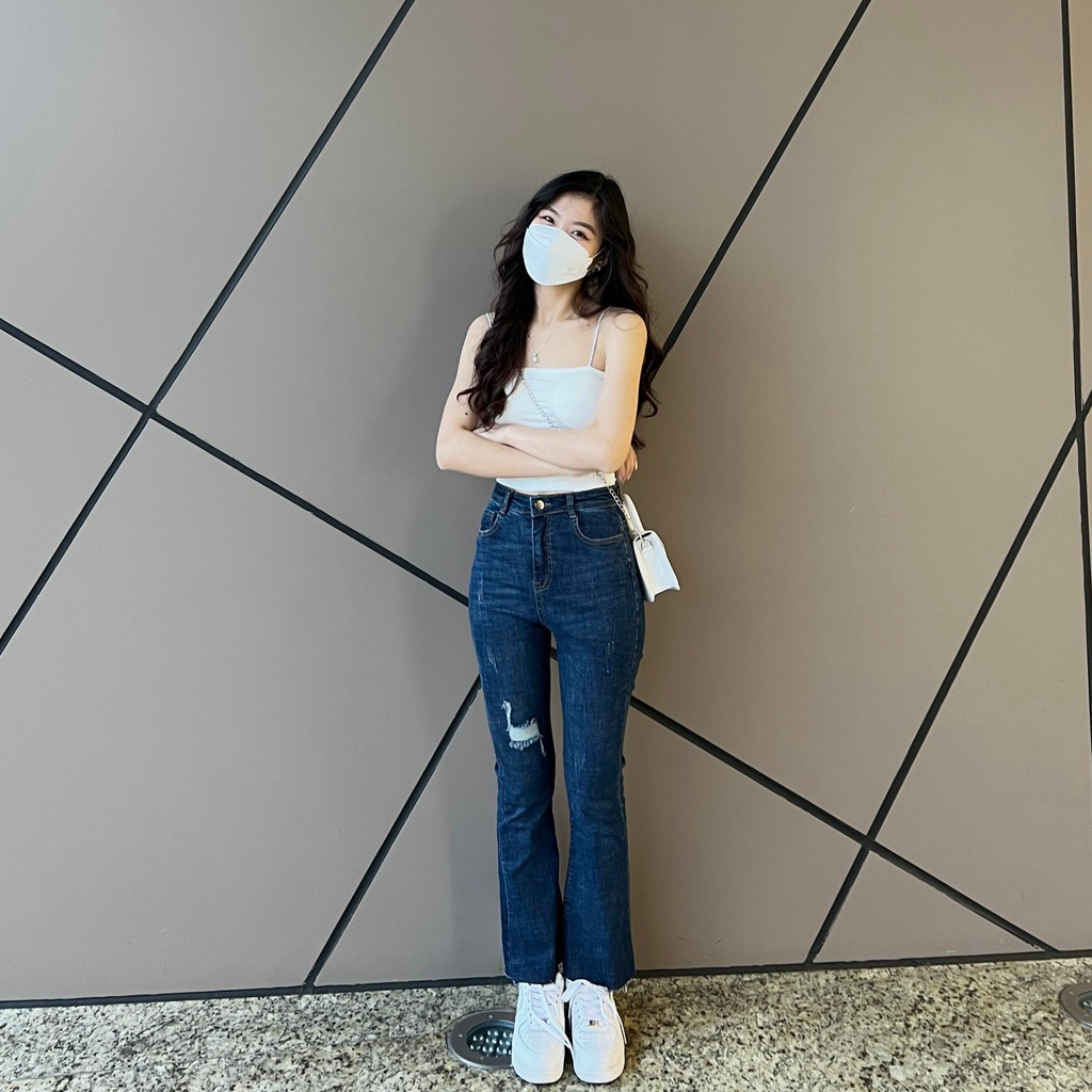 (FREESHIP) quần jean ống loe rách gấu xanh đậm 2480 miho.house