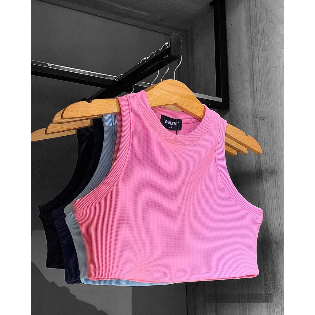 Anniegals - Áo thun cổ tròn tay dài ngắn croptop - Ribbed Halter Croptop