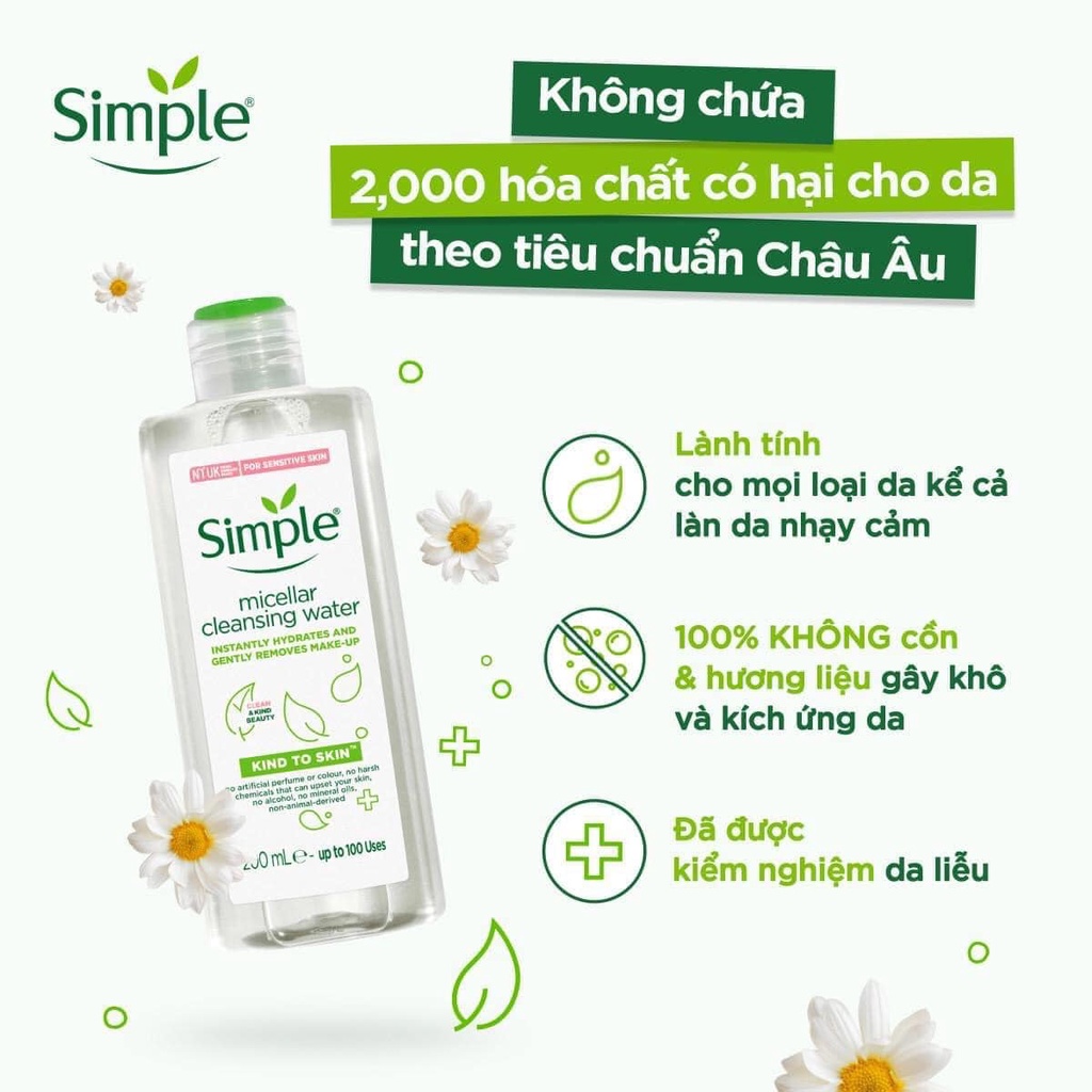 Nước tẩy trang Simple Kind to Skin Micellar Cleansing Water  200 ML Sản phẩm phù hợp với mọi loại da, da nhạy cảm và mụn