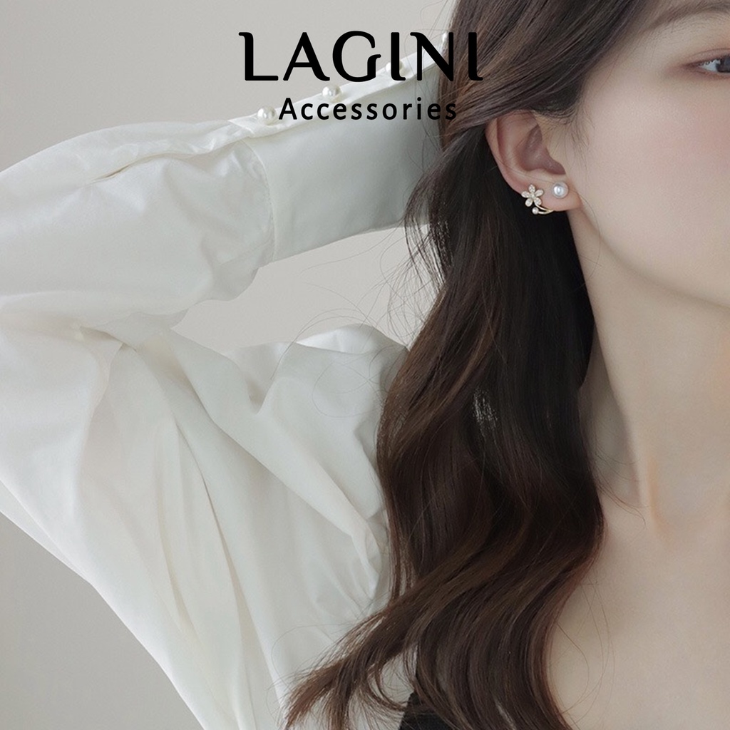 Bông tai ôm vành hoa đính đá chuôi bạc Lagini trẻ trung cho nữ phong cách Hàn Quốc