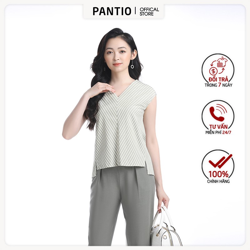 Áo sơ mi nữ chất liệu vải linen kẻ dáng xòe ngắn tay FAS52447 - PANTIO