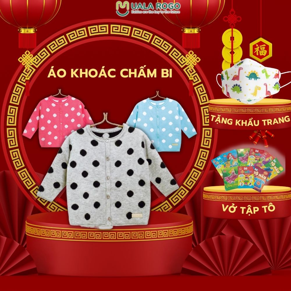 Áo khoác len cho bé Uala rogo 6 tháng - 3 tuổi chấm bi dài tay cúc giữa giữ ấm 7022