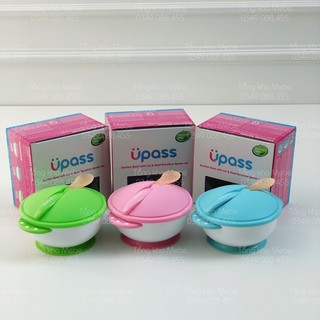 Bát ăn dặm chống đổ có nắp kèm thìa báo nóng Upass
