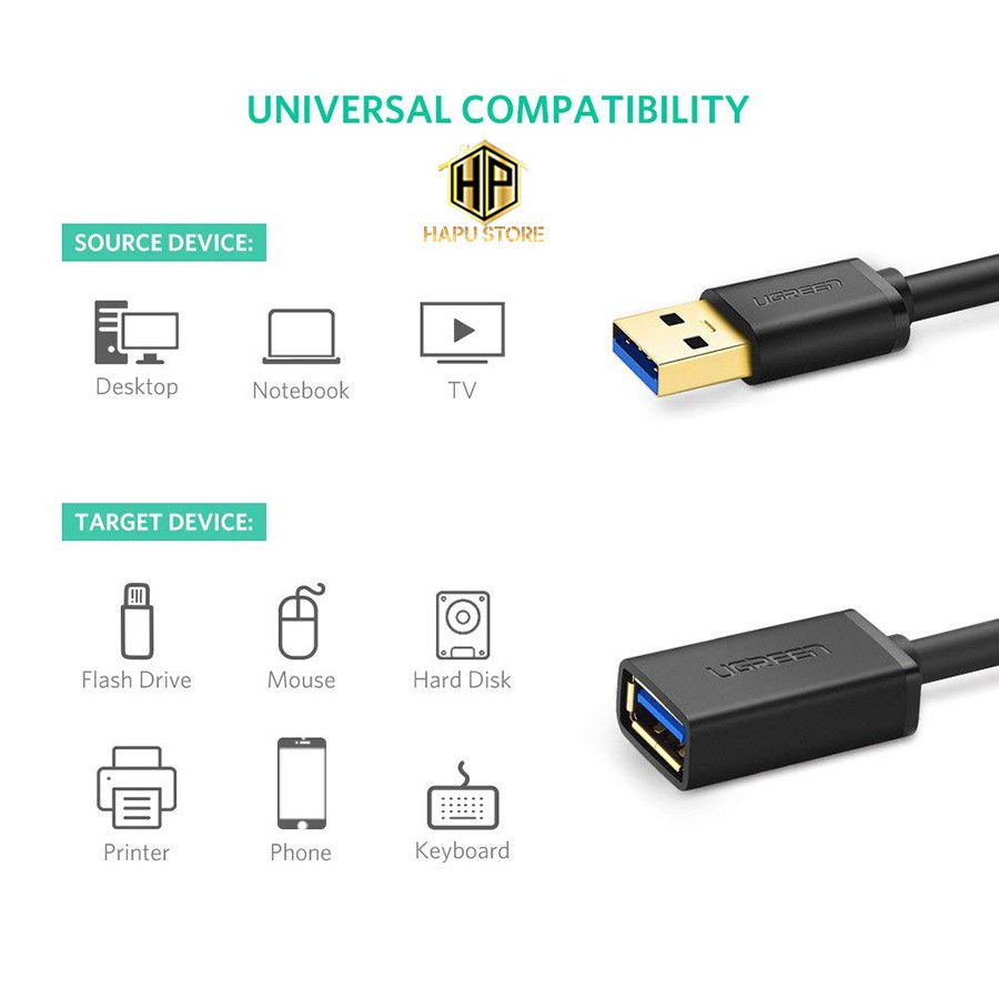 Cáp nối dài USB 3.0 mạ vàng Ugreen 10373 dài 2m chính hãng - Hapustore