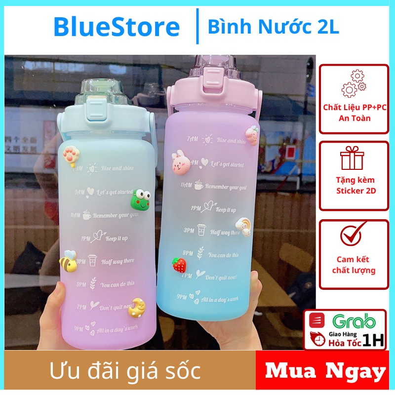 Bình đựng nước 2 lít cute có vòi chia vạch, nhắc nhở giờ uống nước, dành cho người tập thể thao, Gym