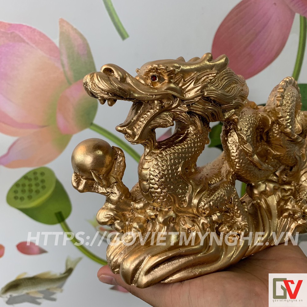 Tượng Đá Trang Trí Rồng Phong Thủy - Màu Nhũ Vàng - Dài 26cm