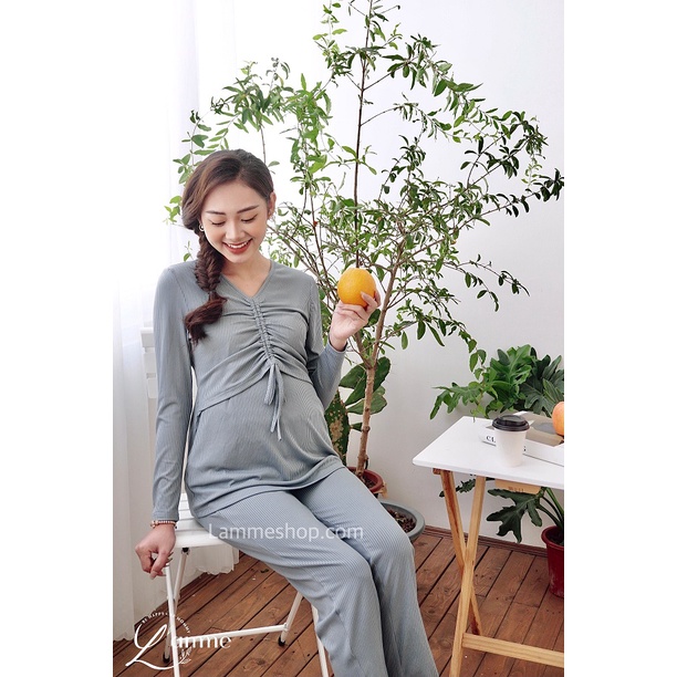 Bộ bầu mặc nhà MIRY basic chất liệu cotton gân cao cấp, thấm hút mồ hôi tốt, áo dạng cài khuy by LAMME