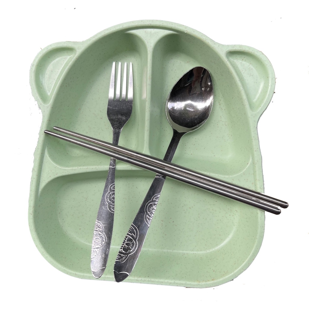 Trọn bộ khay ăn dặm chia ngăn cho bé trai bé gái tập ăn 4 chi tiết phụ kiện inox