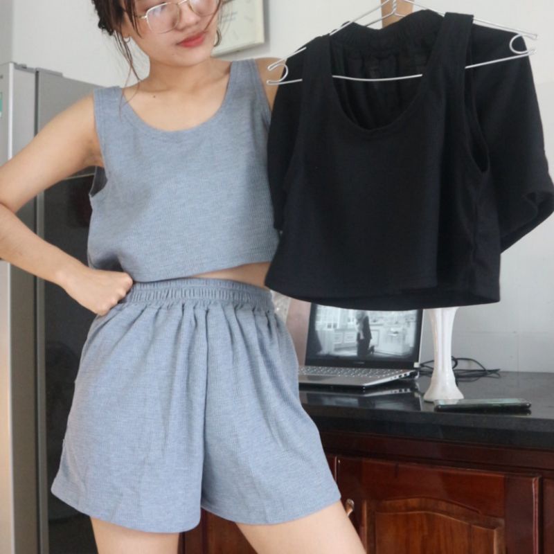 Set áo croptop hai dây và quần short mặc nhà / tập gym order