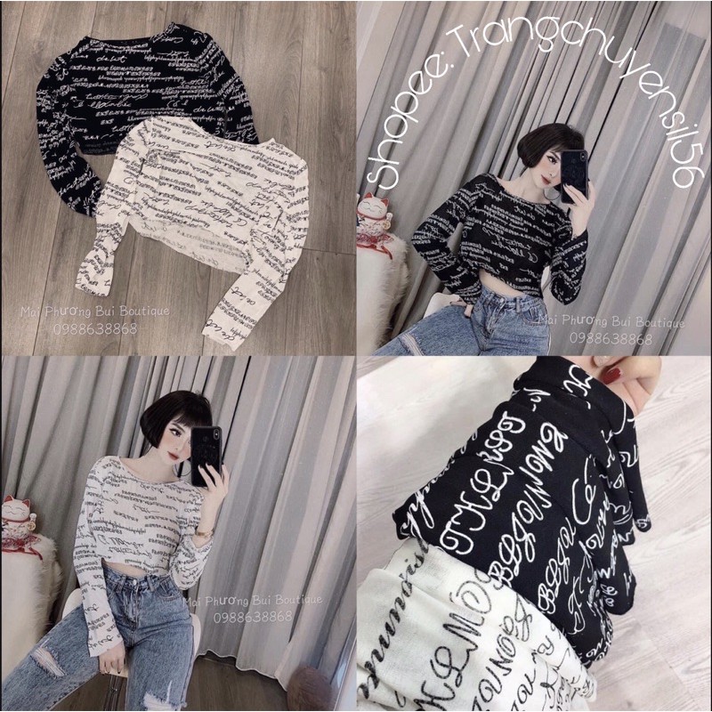 ÁO CROPTOP TAY DÀI CHỮ HAI MÀU ĐEN/TRẮNG