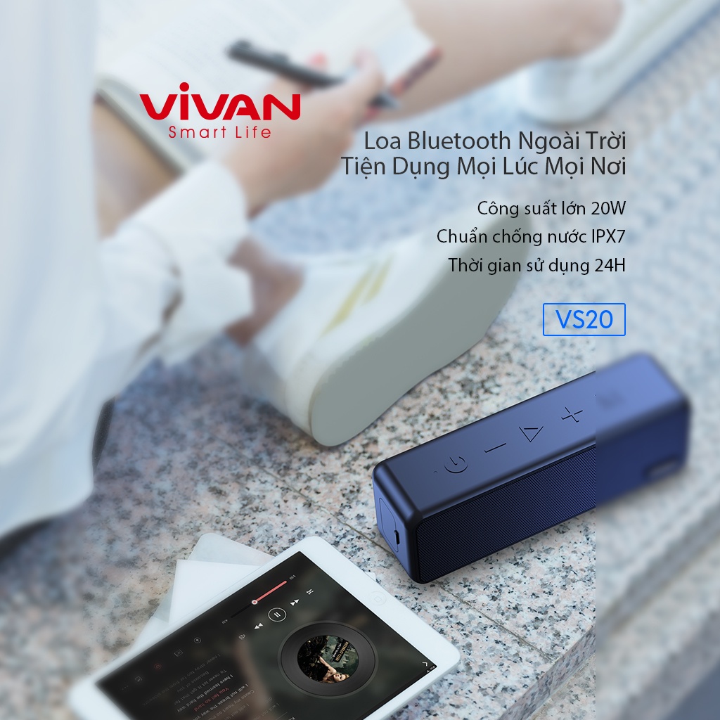 Loa Bluetooth Bass Mạnh 5.0 VIVAN VS20 Chống Nước Công Suất Lớn 20W Playtime đến 24H Hỗ trợ thẻ Micro SD và cổng AUX