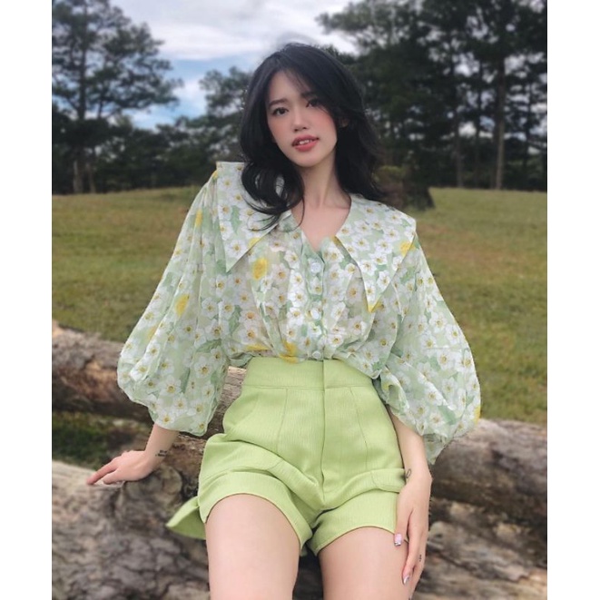 Set áo hoa tay phồng mix quần short - TA22