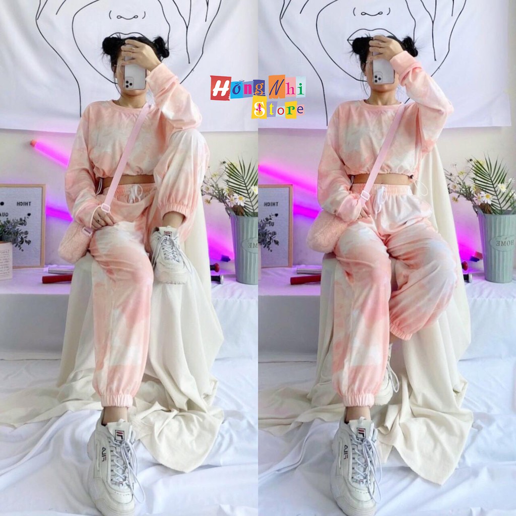 Áo Croptop Loang Màu 3D Ulzzang Rút Dây Tay Dài Dáng Rộng - MM
