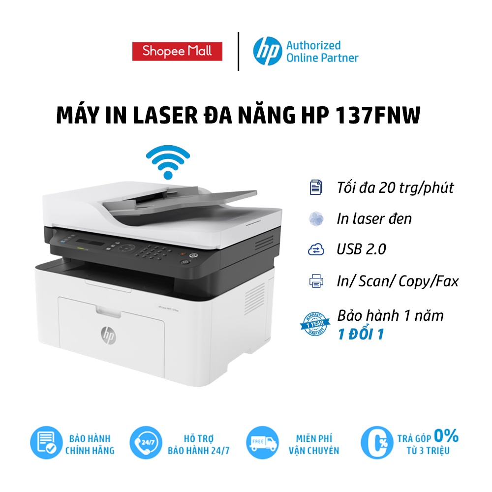 [Mã ELHPWL4 giảm 10% đơn 500K] Máy in đa chức năng (In, copy, scan, fax) đen trắng HP LaserJet MFP 137fnw_4ZB84A