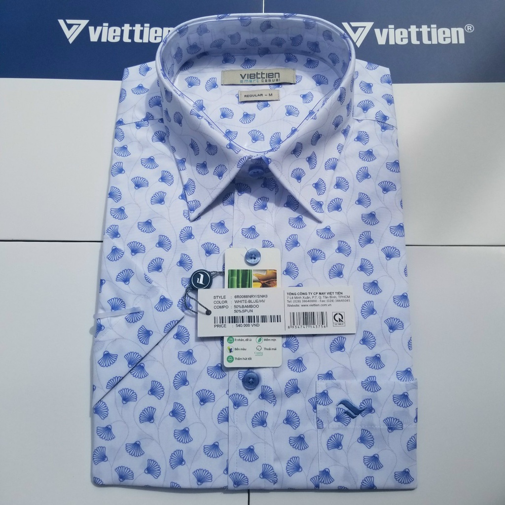 Aó sơ mi Việt Tiến smart casual ngắn tay ,tà ngang mã 6R0088NRY chính hãng ,cao cấp - form suông REGULAR -TÀ NGANG