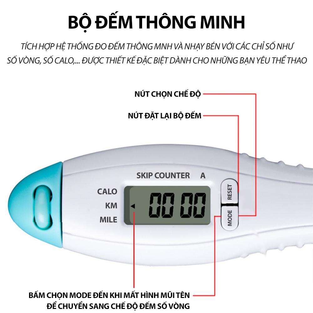 Dây nhảy đếm số điện tử tự động đếm số vòng nhảy dây lõi thép tích hợp đo calo quãng đường 4 chế độ chống trượt AZ11