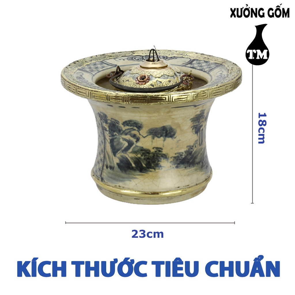 Bát gốm dáng cao vẽ sơn thủy men rạn bọc đồng Xưởng Gốm TM Bát Tràng