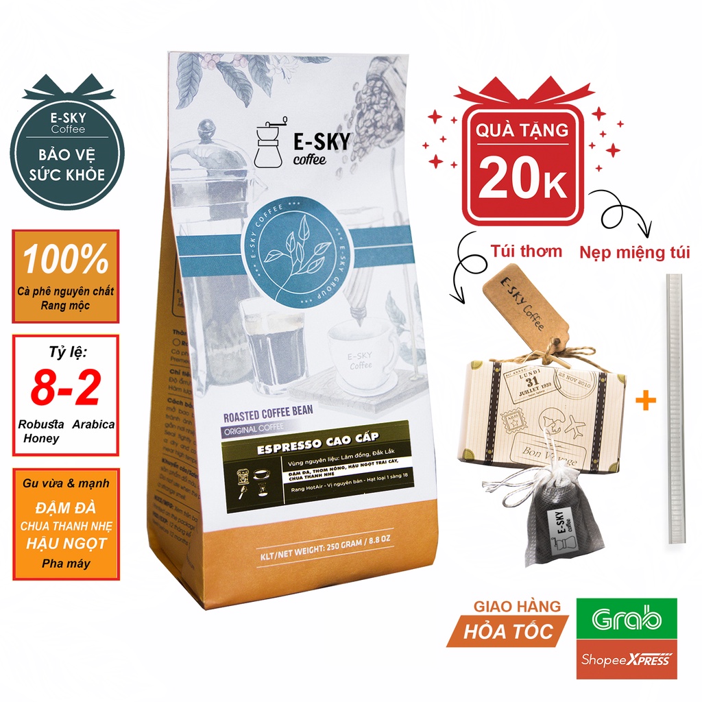 Cà phê Espresso pha máy của E-SKY Coffee nguyên chất 100% đậm đà thơm nồng hậu ngọt 250g