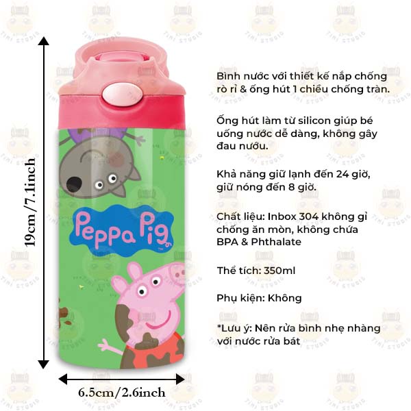 Bình Uống Nước Giữ Nhiệt Cho Bé Có Ống Hút Hình Peppa Pig - Tỉ Mỉ Studio - Mã 1507KT05
