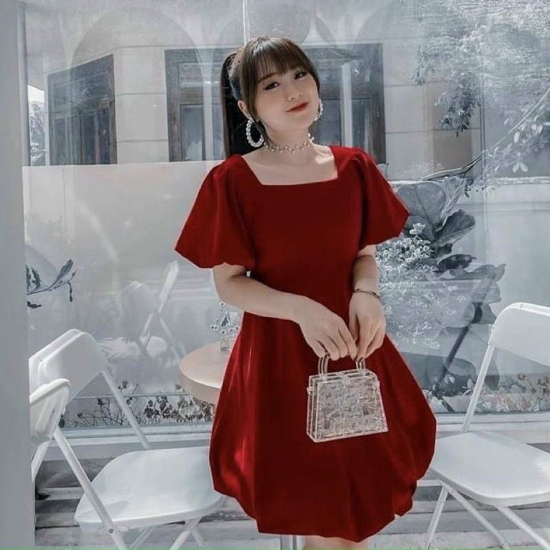Đầm đỏ tùng bầu tròn (kèm hình thật)