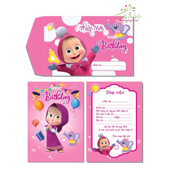Combo 20 thiệp mời sinh Nhật, thiệp mời thôi nôi phim hoạt hình Masha