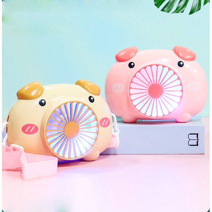 Quạt mini cầm tay Cute Pig Fan 3313 pin sạc , Có đèn Led- Tặng kèm dây đeo cổ -Hồng Anh Case