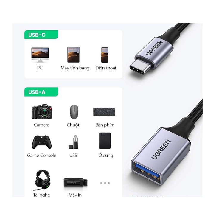 Cáp OTG USB TYPE-C sang USB 3.0 Ugreen 70889 (Vỏ Nhôm Bọc Dù)