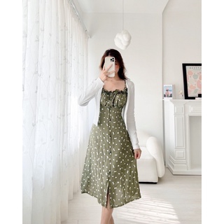 SET ĐẦM HOA NÚT BỌC + ÁO KHOÁC TRẮNG