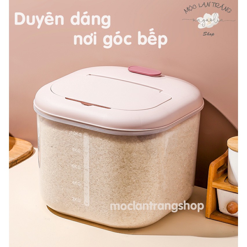 Thùng gạo vuông 6kg 10kg trong suốt thời trang phong cách Bắc Âu. Thùng đựng gạo 5kg, hộp để đồ khô ngũ cốc