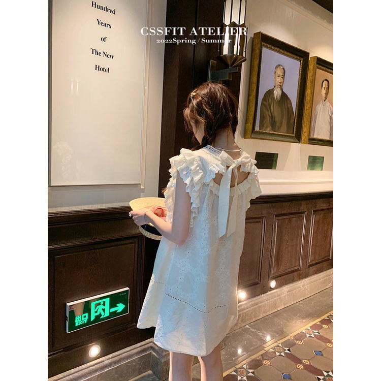 French agaric edge small flying sleeves heavy industry embroidered dress women's summer broken flower design minority tea break short skirt