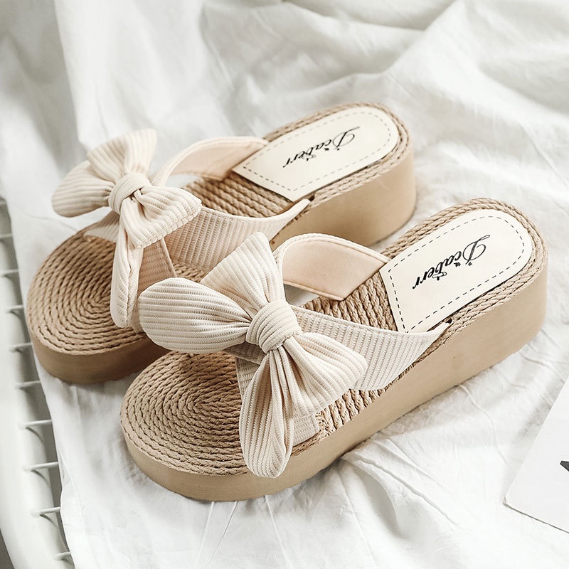 Dép Cói Đế Xuồng Đính Nơ Thời Trang Đi Biển Mùa Hè Cho Nữ