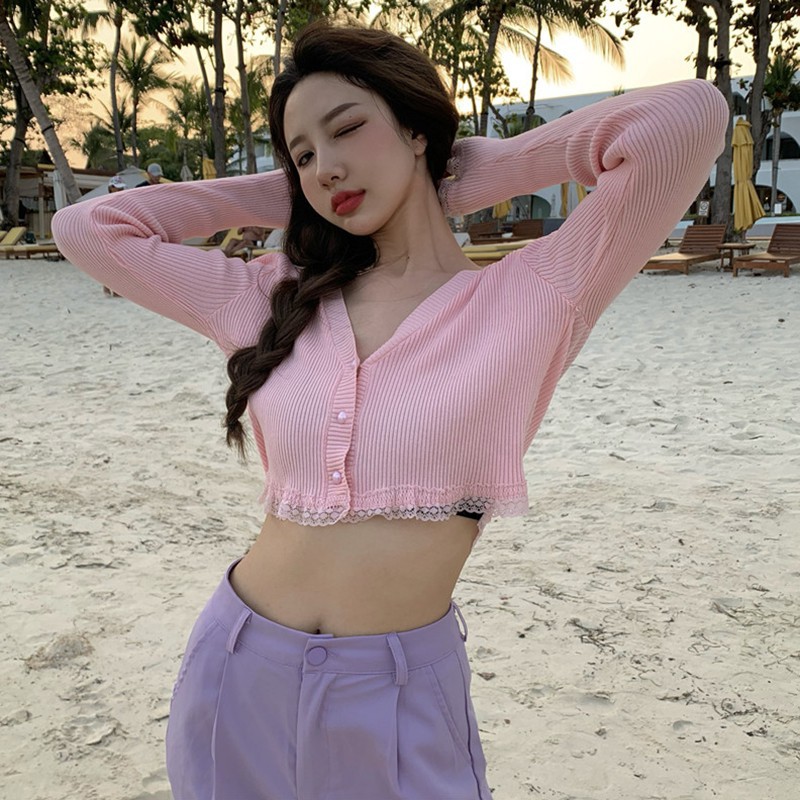 Áo Khoác Cardigan Dệt Kim Cổ Tim Xinh Xắn Cho Nữ