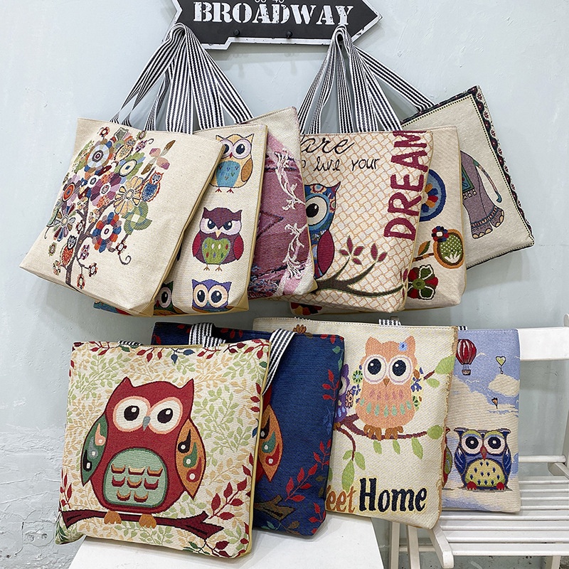 Túi tote cho nữ xách đồ hình Cú đi du lịch rộng rãi có khóa kéo kích thước 45x8x38cm