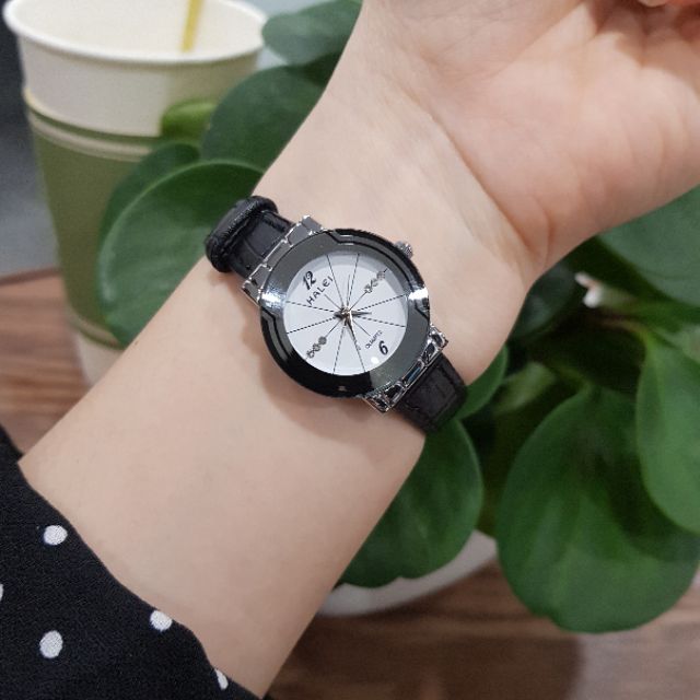 Đồng hồ nữ dây da Halei dây đen mặt trắng chính hãng Tony Watch 68