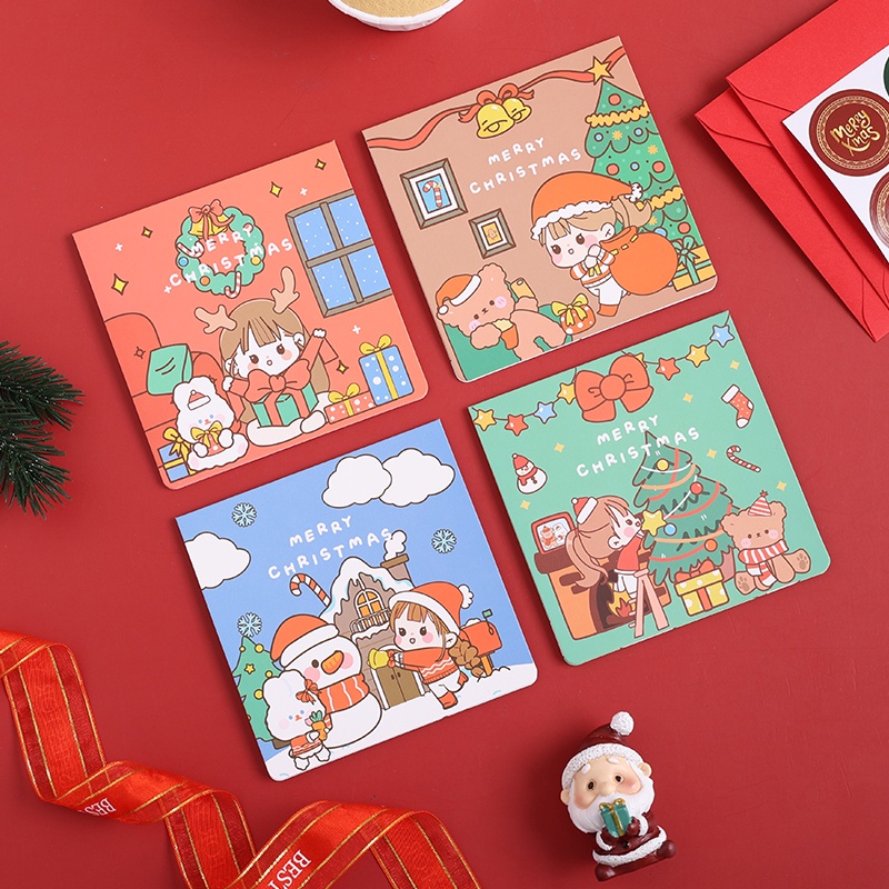 4 thiệp giáng sinh hình cô gái hoạt hình dễ thương