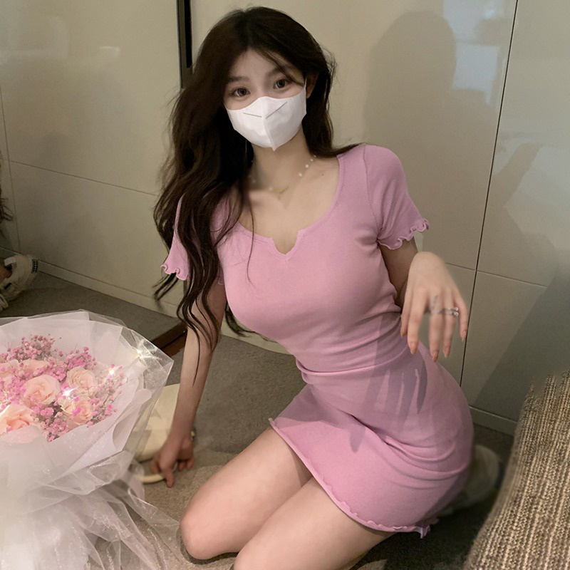 Đầm Cổ Vuông Tay Ngắn Màu Trơn Thời Trang Mùa Hè Cho Nữ