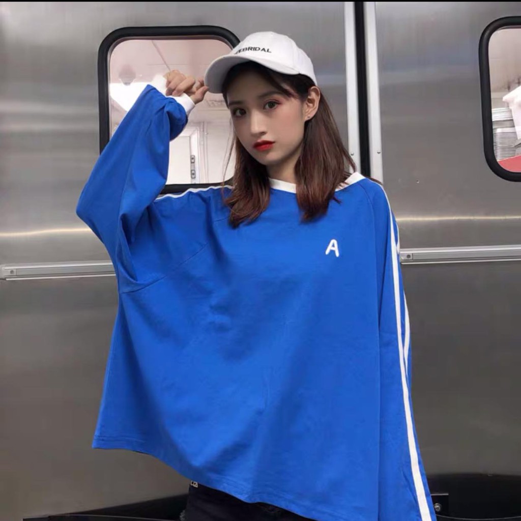 Áo Thun Thêu Chữ A Dài Tay Nữ  🌸 Phông 2 sọc kẻ viền form rộng oversize màu ĐEN | TRẮNG | TÍM Ulzzang HOT 🌸
