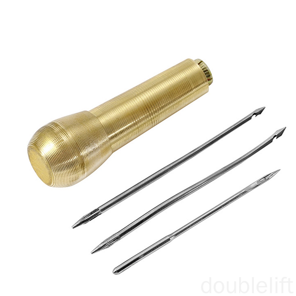 Dùi đục lỗ tay cầm đồng kèm 3 kim khâu sửa chữa giày/ vải canvas/ da DIY