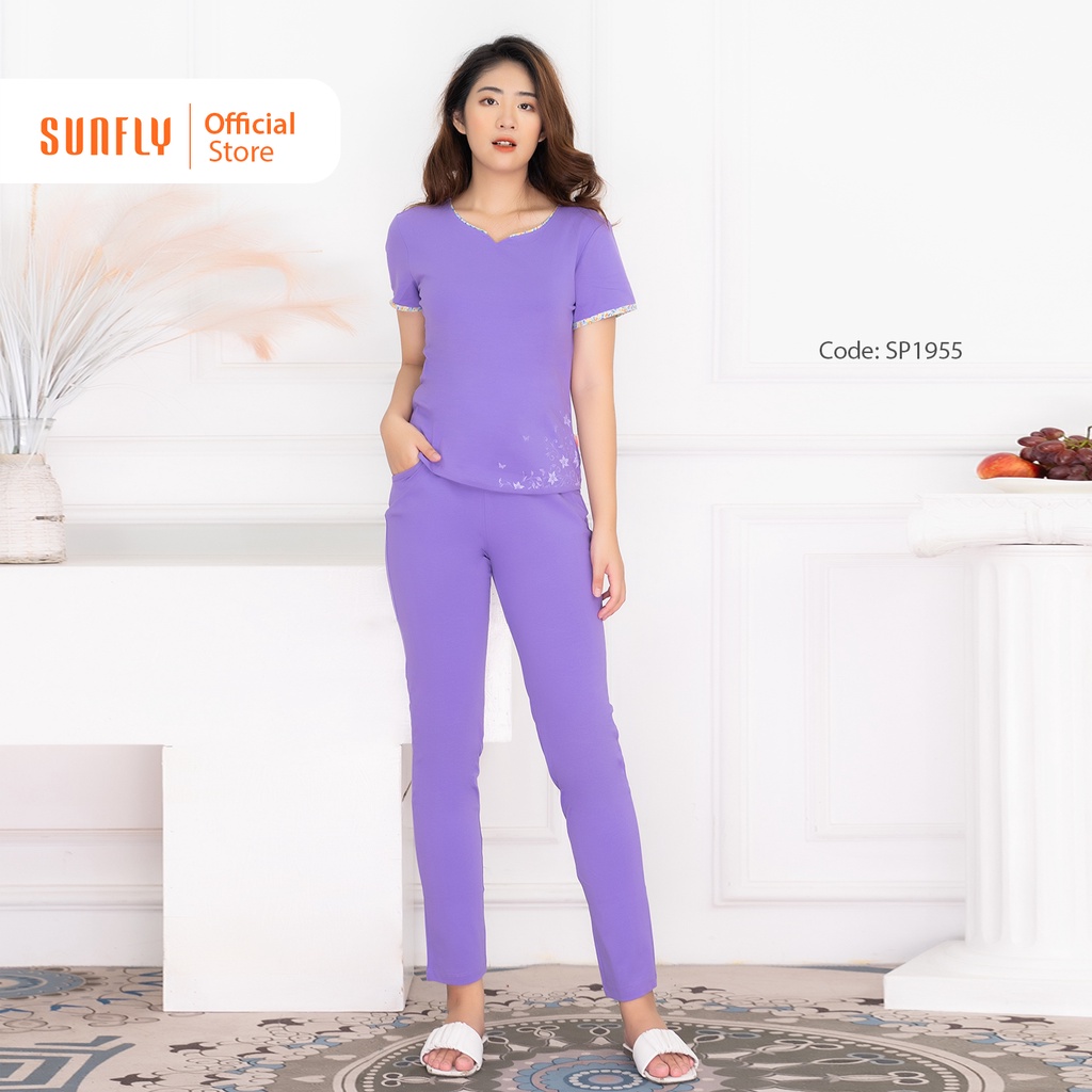 [Mã WABRMI99 giảm 12% đơn 99K]Bộ đồ mặc nhà nữ cotton SUNFLY áo cộc tay, quần dài SP1955