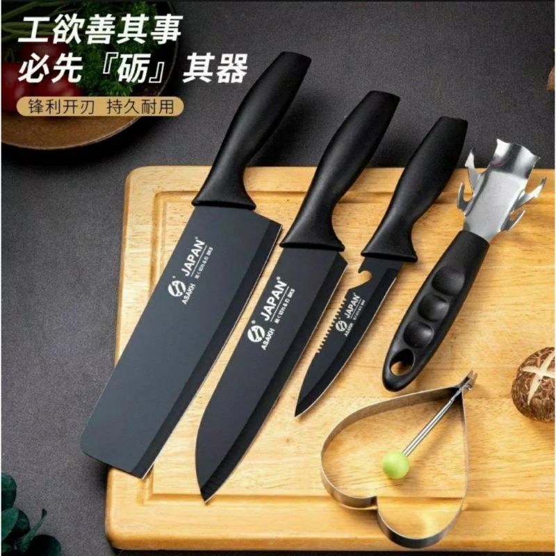 Bộ Dao 5 Món JAPAN ASAKH Bằng Thép Không Gỉ Đen Nhám Cao Cấp