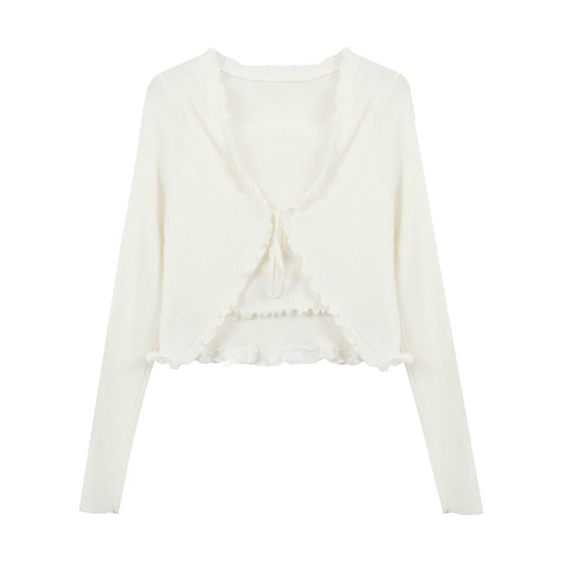 SET CARDIGAN TĂM MỎNG + ÁO QUÂY NỮ ĐEN TRẮNG - CROPTOP THIẾT KẾ DÂY VIỀN BÈO  - SET ÁO KHOÁC CROP CỘT BÈ | BigBuy360 - bigbuy360.vn