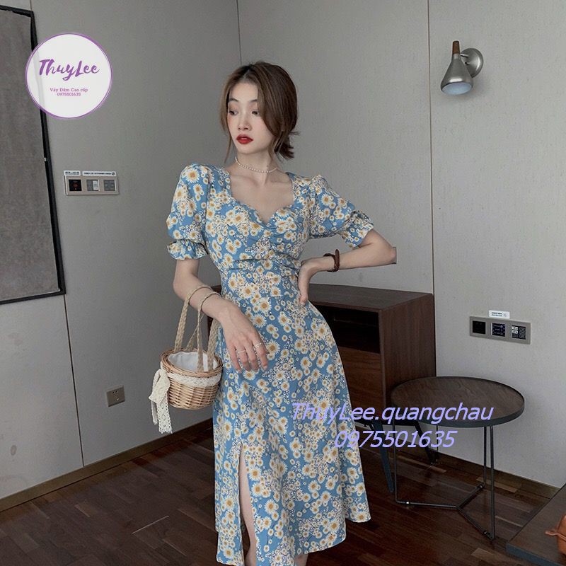 Đầm Tay Ngắn Cổ Vuông Họa Tiết Hoa Cúc Thời Trang Cao Cấp Xuất Hàn | BigBuy360 - bigbuy360.vn