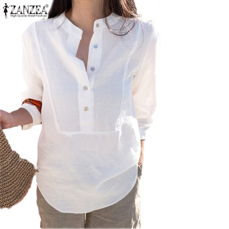 Áo sơ mi nữ ZANZEA bằng cotton tay dài màu trơn cài nút thời trang