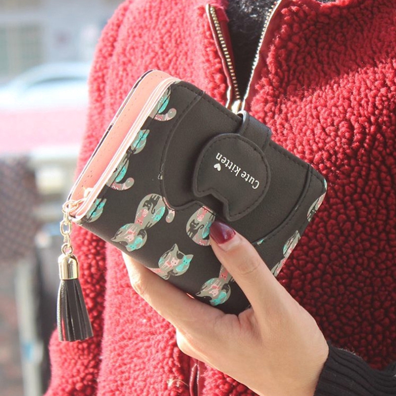 Ví nữ da PU in hình mèo dễ thương