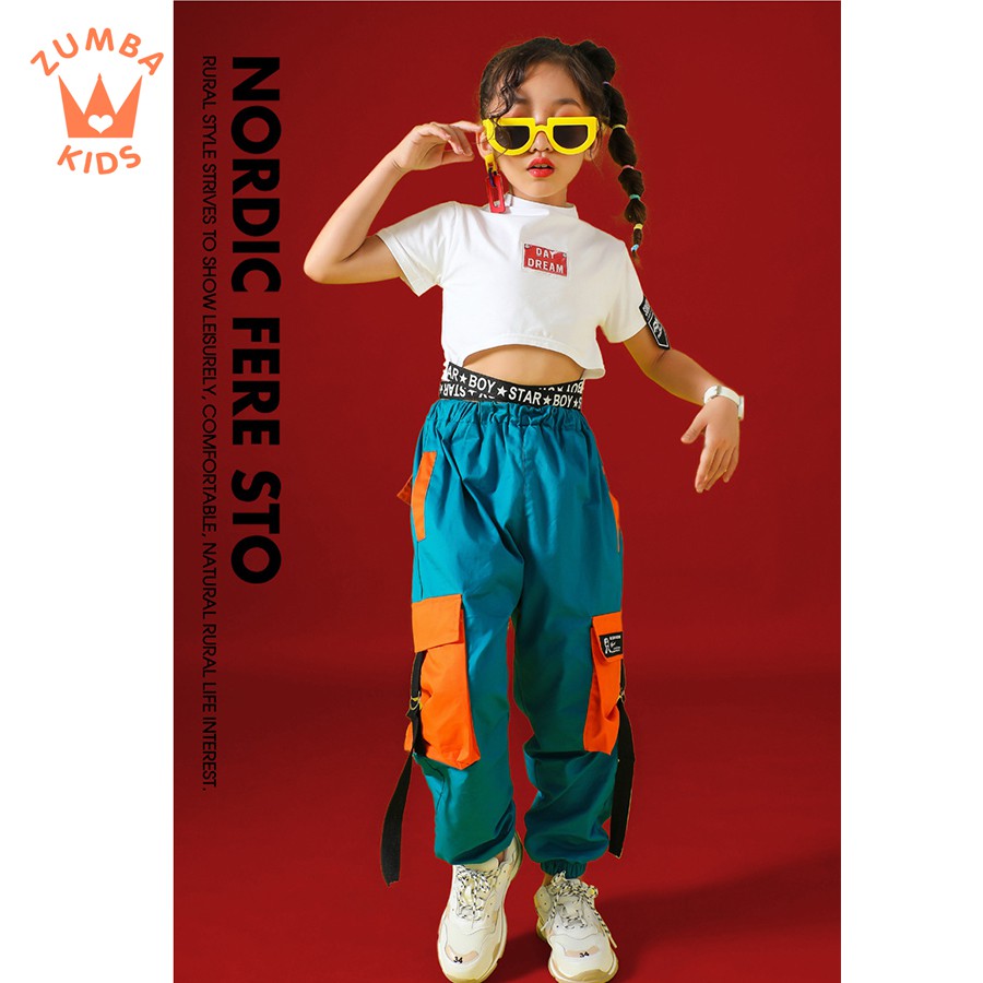 Trang phục nhảy hiện đại trẻ em-Set Fashion Weax xanh cam ZB25